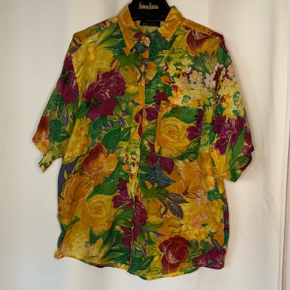 Vibrant Vintage Floral Button Down Silk Shirt by Retro